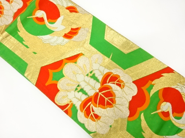 JAPANESE KIMONO / ANTIQUE FUKURO OBI / SILK / WOVEN CRANE & PAULOWNIA